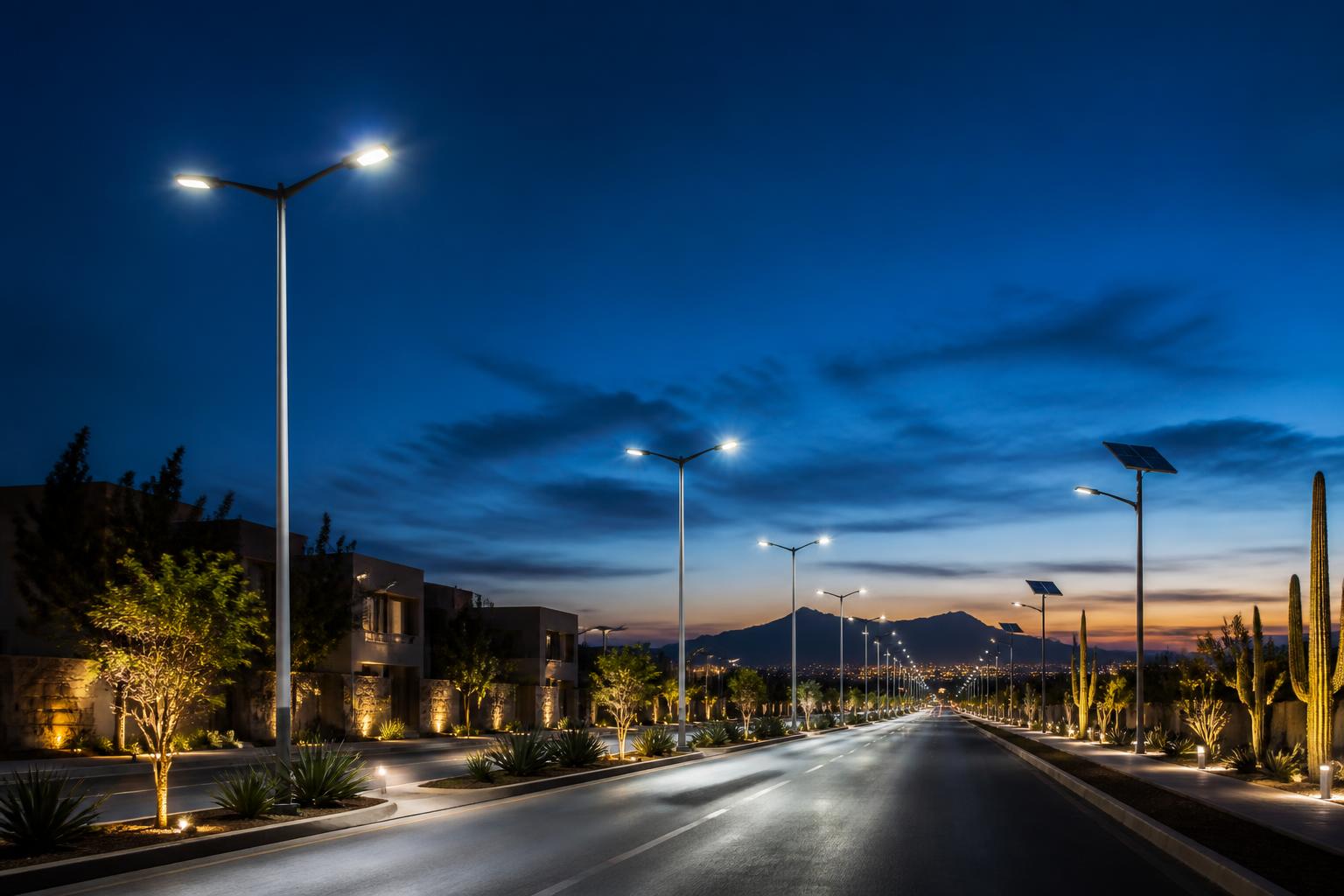 Avenida urbana iluminada con alumbrado público LED y luminarias solares SAE.